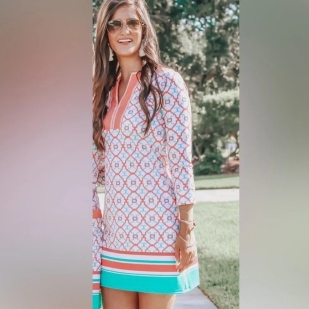 Cabana Life Cote d`Azur Long Sleeve Tunic Dress White Coral Blue
